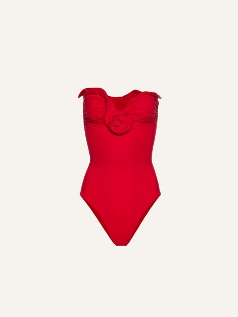 Sculptural rose bustier swimsuit in red