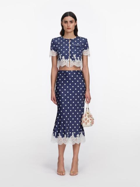 Navy Polka Dot Satin Midi Skirt