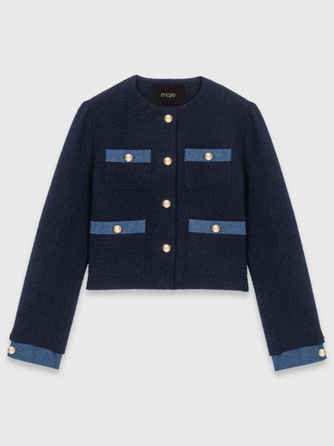 Tweed jacket with denim trim