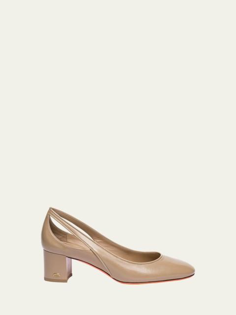 Cut-Out Block Heel Mixed Leather Pumps