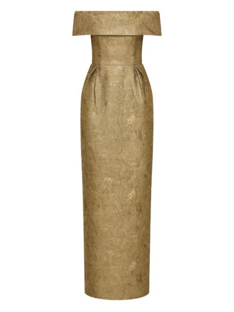 off-shoulder brocade gown