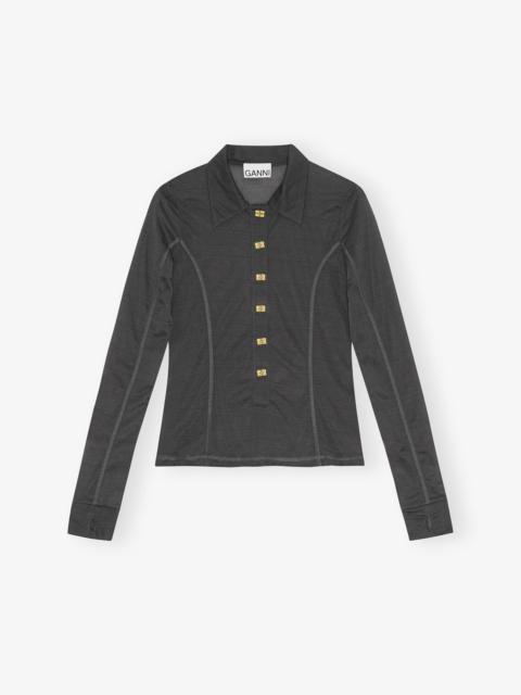 BLACK SHEER MESH JERSEY BUTTONED TOP