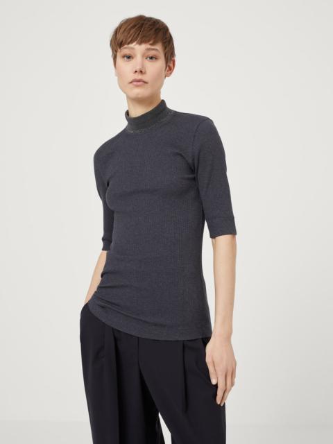 Comfort cotton ribbed jersey top with precious ribbed collar
