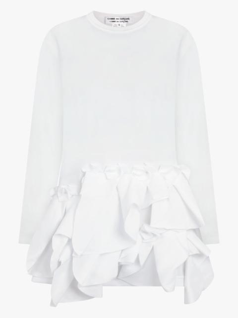 CREW NECK LS  TOP WITH EXAGGERATED RUFFLE HEM | WHITE