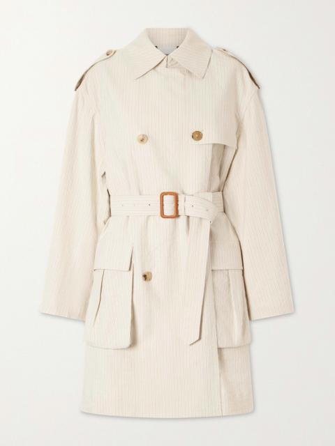 Double-breasted Belted Striped Cotton-blend Trench Coat