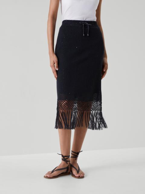 Linen and silk diamond yarn knit skirt with macramè fringe