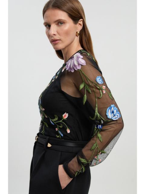 Placed Floral Embroidered Mesh Long Sleeve Woven Top