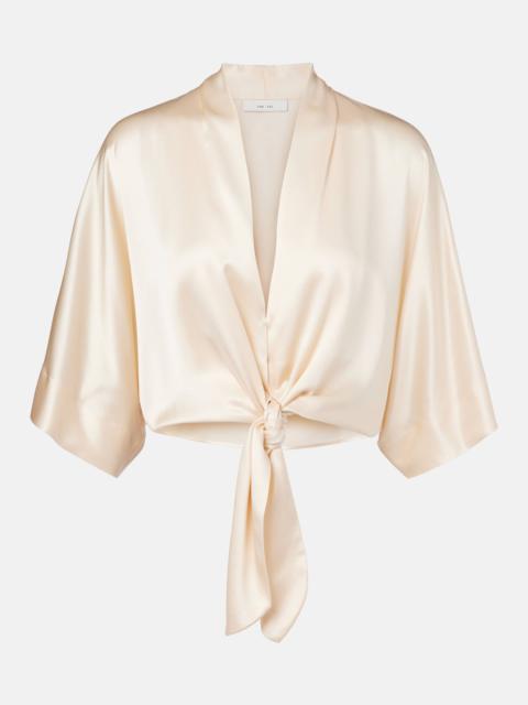 Cropped silk satin wrap blouse