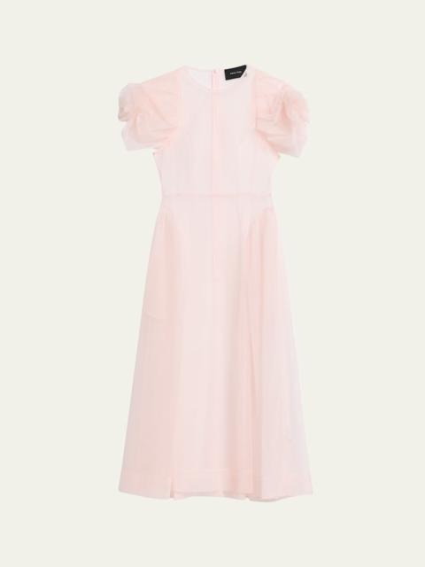Rose Puff-Sleeve Sheer Tulle Fit-&-Flare Midi Dress
