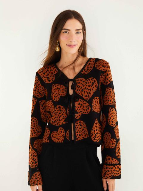 Black Leopard Hearts Front Ties Knit Cardigan