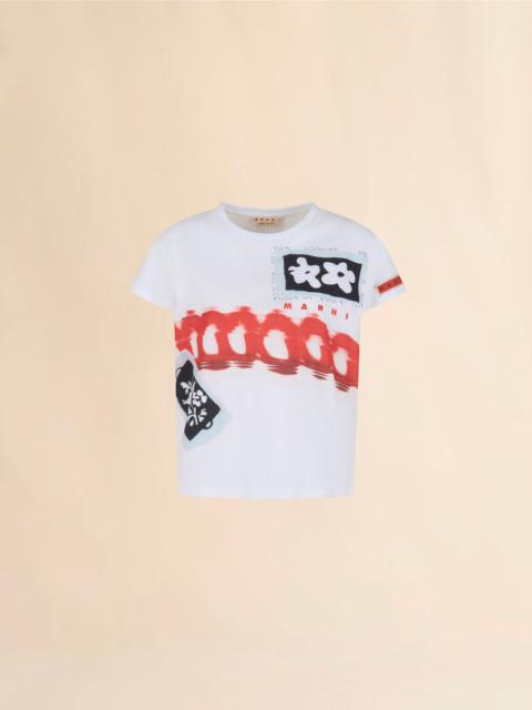 WHITE COTTON T-SHIRT WITH PRINTS AND PATCHES