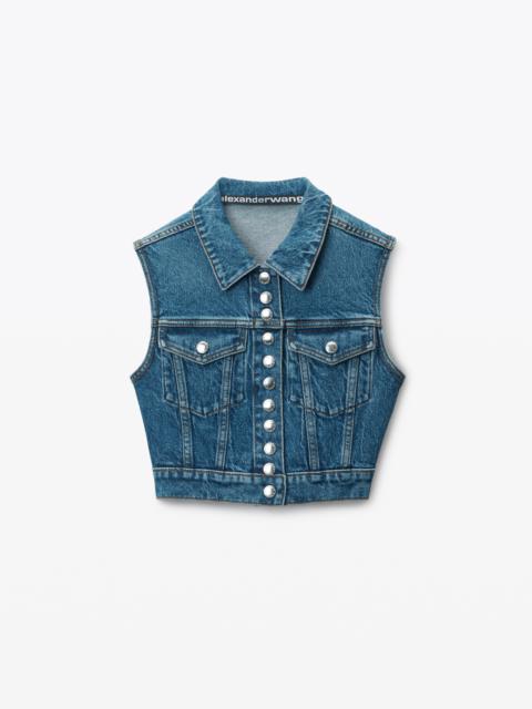 cropped trucker vest in comfort-stretch denim