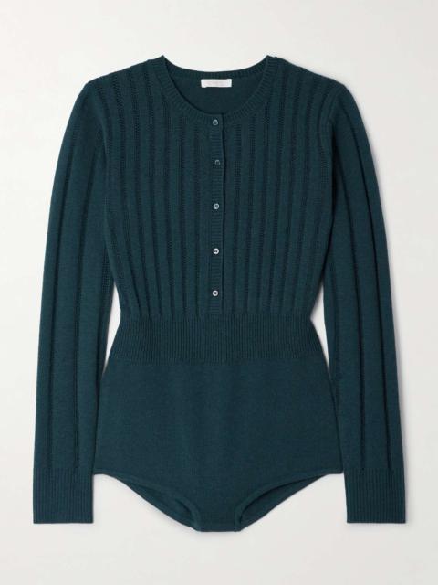Luxe Tralala ribbed and pointelle-knit wool and cashmere-blend bodysuit Petrol