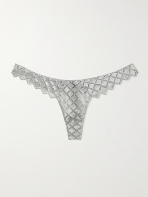 Lamine Embroidered Stretch-silk Tulle Thong