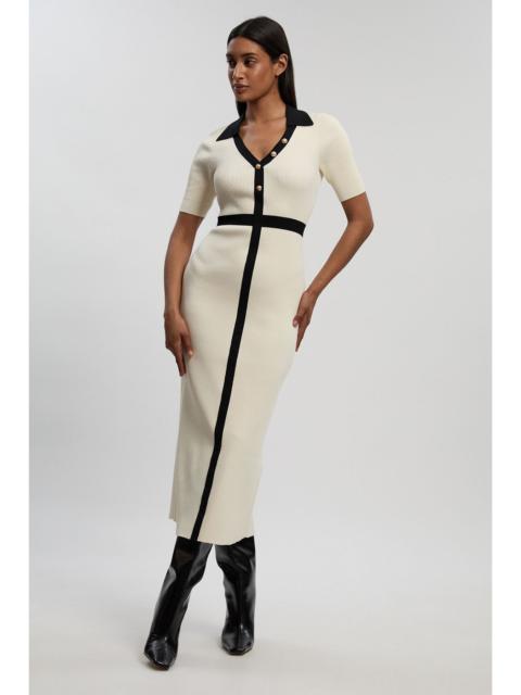 Petite Knit Rib With Contrast Waist Detail Collared Short Sleeve Midi Dress