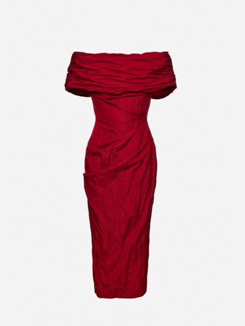 Off-shoulder draped midi dress in red