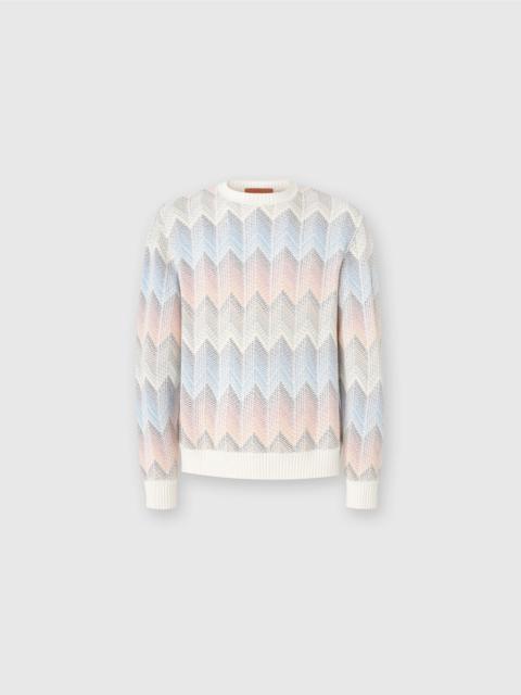 Crewneck sweater in gradient cotton chevron blend with contrasting piping
