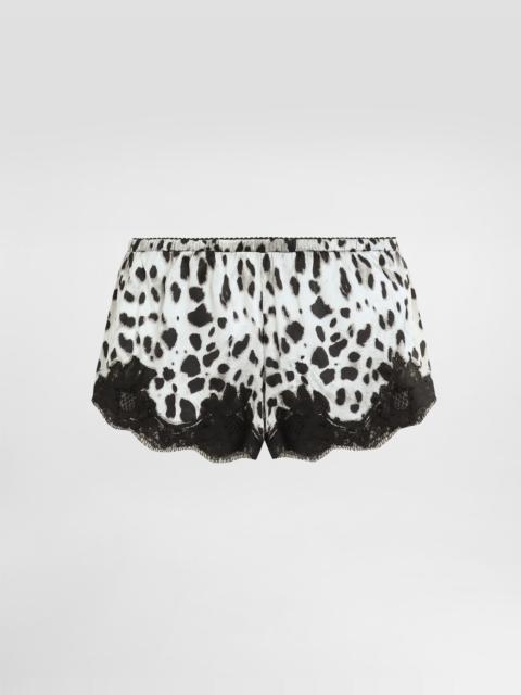 Leopard-print satin shorts with lace inserts