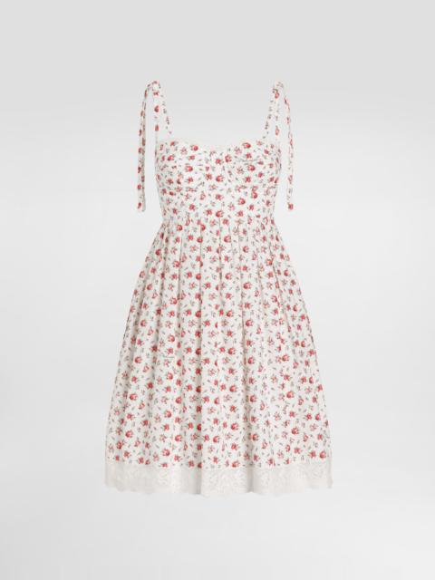 Small rose-print short poplin dress