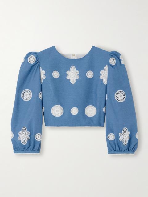 Crocheted Lace-trimmed Chambray Top