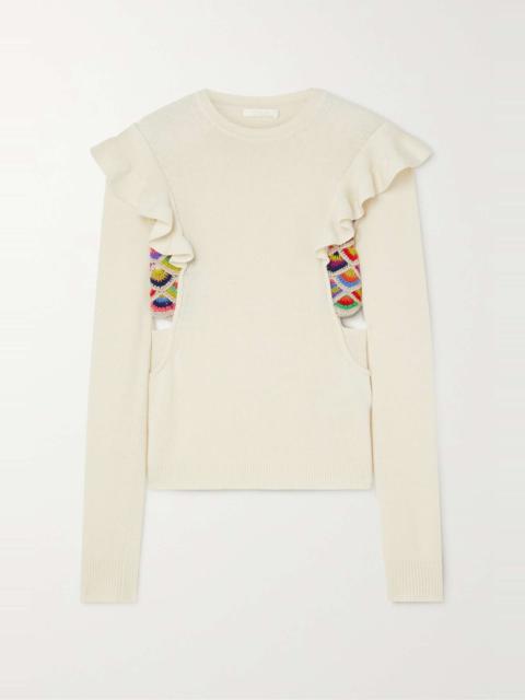 Cutout ruffled recycled cashmere and wool-blend sweater