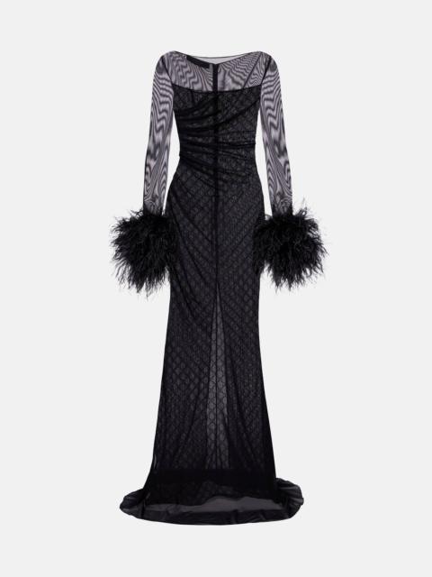 GG feather-trimmed sheer gown