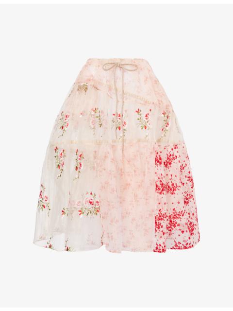 Floral-Embroidered Sheer Midi Skirt