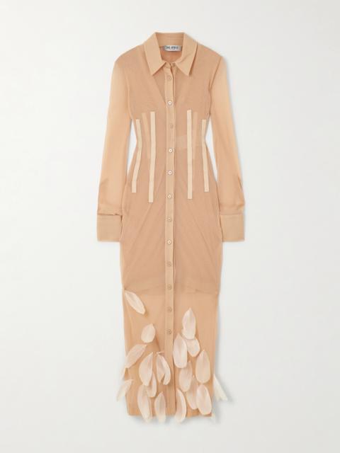 Grosgrain And Feather-trimmed Tulle Midi Shirt Dress