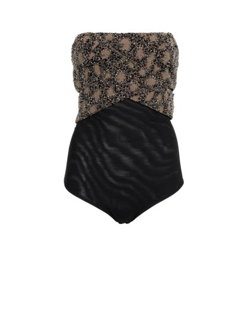 Bead-Embellished Wrap-Effect Bodysuit