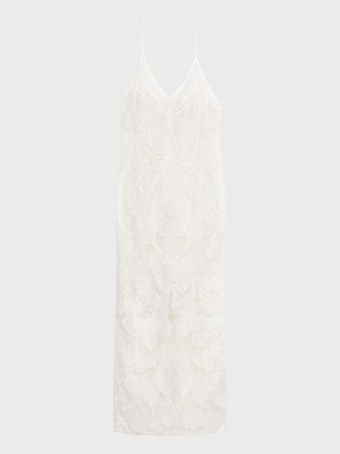 LONG MESH DRESS WITH HANDMADE EMBROIDERY AND SLIT