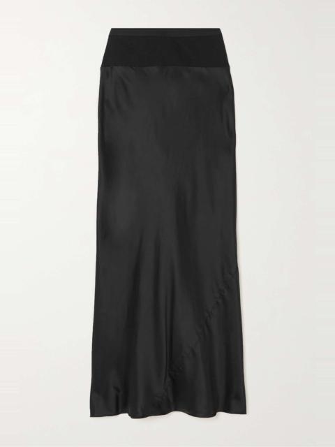 Ribbed knit-paneled duchesse-satin midi skirt