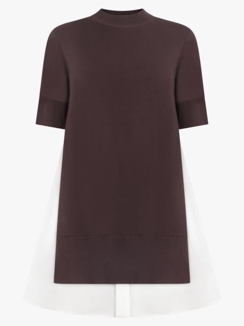 KNIT S/S PULLOVER MINI DRESS WITH SHIRT PANELLING | BROWN/OFF WHITE