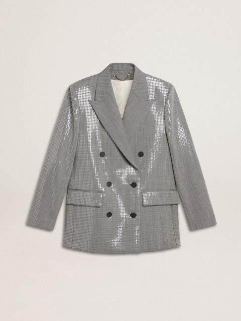 Double-breasted wool boyfriend jacket in micro houndstooth and sequins