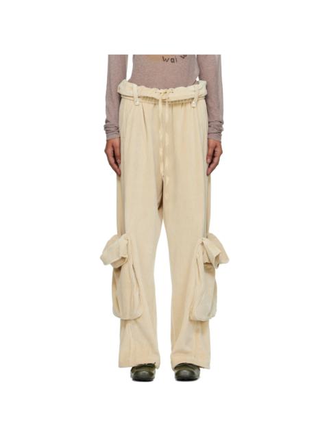 Beige Rolled Waist Velour Cargo Pants