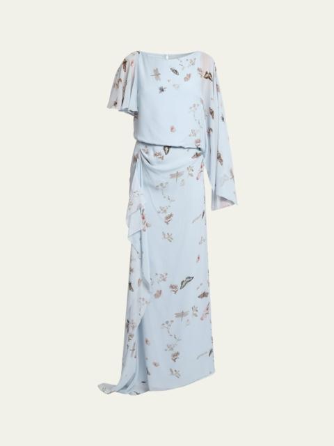 Garden-Print Draped Chiffon Gown