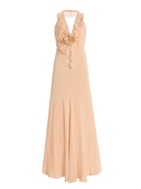 Ruffled Silk Crepe Halter Maxi Dress pink