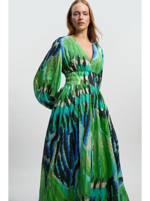 Animal Silk Cotton Plunge Maxi Dress