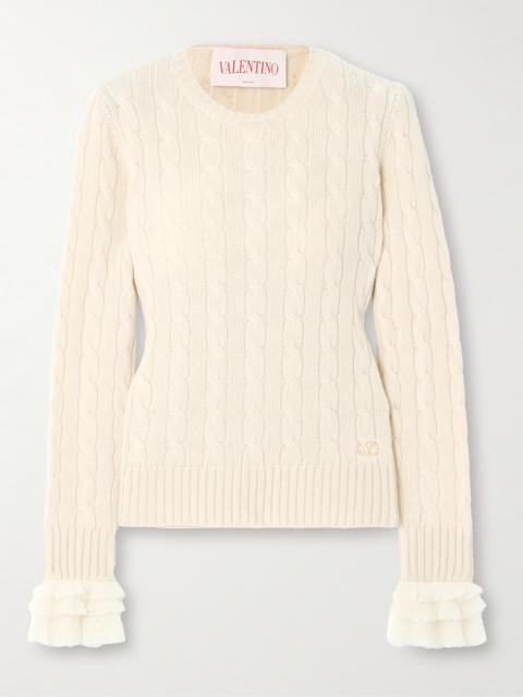 Ruffle-trimmed Embellished Cable-knit Cashmere Sweater
