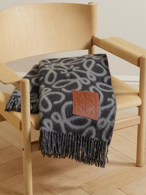 Fringed Leather-trimmed Alpaca-blend Jacquard Blanket