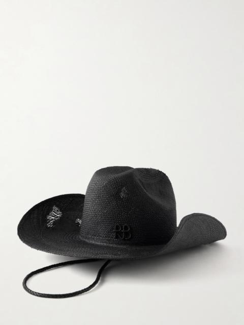 Cowboy Distressed Leather-trimmed Embroidered Straw Hat