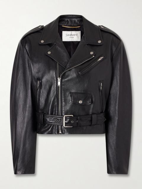 Glossed Textured-leather Biker Jacket