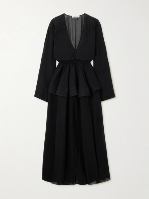 Gathered georgette peplum midi dress Black