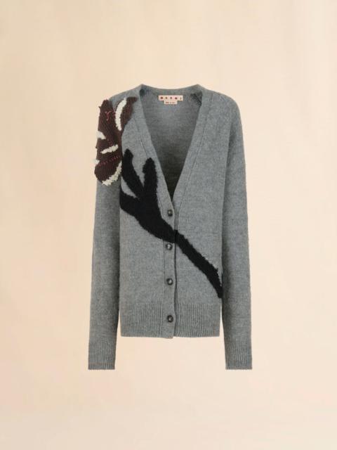 GRAY ALPACA WOOL CARDIGAN WITH FLOWER PATCH