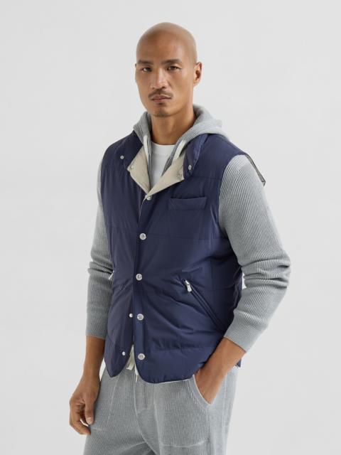 Bonded nylon down vest with detachable hood