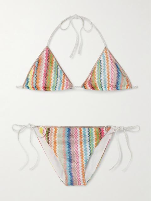Mare Metallic-trimmed Striped Crochet-knit Triangle Bikini