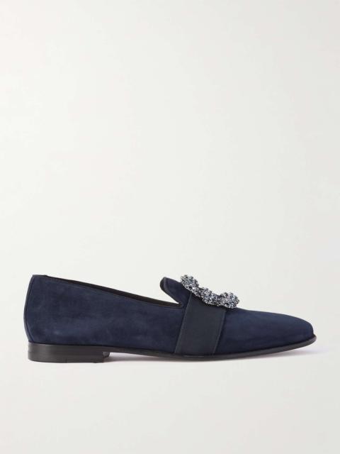 Carlton Crystal-Embellished Grosgrain-Trimmed Suede Loafers