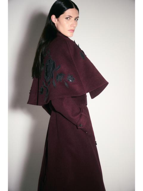 Brushed Wool Pu Mix Placed Floral Embroidery Applique Tailored Cape Full Skirted Midi Coat