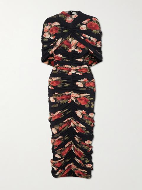 Ruched Layered Floral-print Jersey Maxi Dress