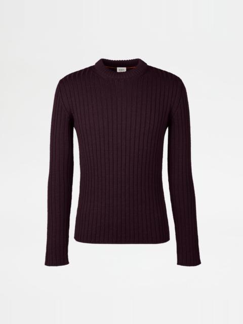 ROUND-NECK PULLOVER IN MERINO WOOL - BURGUNDY