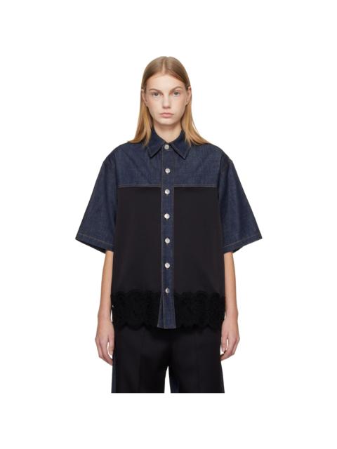 Navy & Black Satin Panel Short-Sleeve Denim Shirt